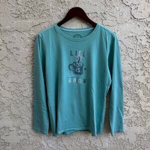 Life Is Good Aqua Coffee Graphic Long Sleeve Tee Womens L